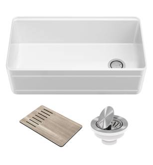 Kraus KFR4-33GWH Turino 33" Farmhouse Single Basin Fireclay Kitchen Sink With Basket Strainer, And Cutting Board in Gloss White