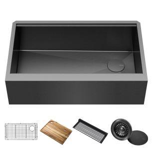 Kraus KWF410-33/PGM Kore 32-7/8" Farmhouse Single Basin Stainless Steel Kitchen Sink With Basin Rack, Basket Strainer, Cutting Board, And Drain Board in Gunmetal