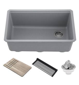 Kraus KGUW2-30MGR Bellucci 29" Undermount Single Basin Granite Composite Kitchen Sink With Basket Strainer, Cutting Board, And Drain Board in Metallic Grey
