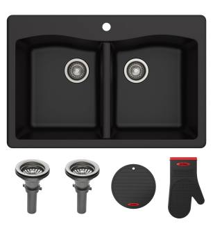Kraus KGD-52BLACK Forteza™ 33" Composite Granite Kitchen Sink For Undermount Or Countertop Installation - Strainers, Oven Mitt, And Trivet Included in Black