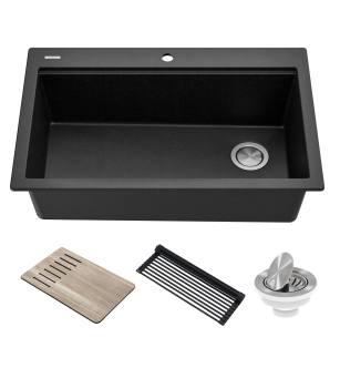 Kraus KGTW2-33MBR Bellucci 33" Drop In Single Basin Granite Composite Kitchen Sink With Basket Strainer, Cutting Board, And Drain Board in Metallic Brown