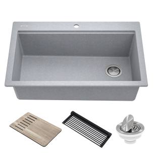 Kraus KGTW2-33MGR Bellucci 33" Drop In Single Basin Granite Composite Kitchen Sink With Basket Strainer, Cutting Board, And Drain Board in Metallic Grey