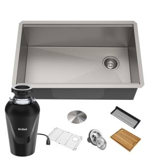 Kraus KWU110-30-100-75MB Kore 30" Undermount Single Basin Stainless Steel Kitchen Sink With Basin Rack, Basket Strainer, Cutting Board, And Garbage Disposal in Stainless Steel