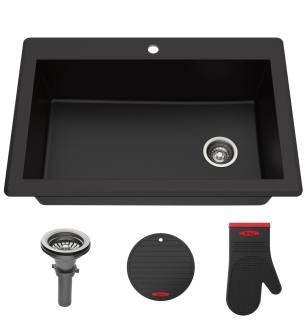 Kraus KGD-54BLACK Forteza™ 33" Composite Granite Kitchen Sink For Undermount Or Countertop Installation - Strainer, Oven Mitt, And Trivet Included in Black