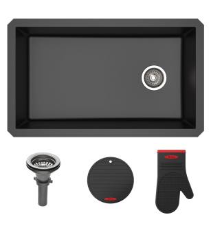 Kraus KGU-55BLACK Forteza&#8482; 31-3/4" Composite Granite Kitchen Sink For Undermount Installation - Strainer, Oven Mitt, And Trivet Included in Black
