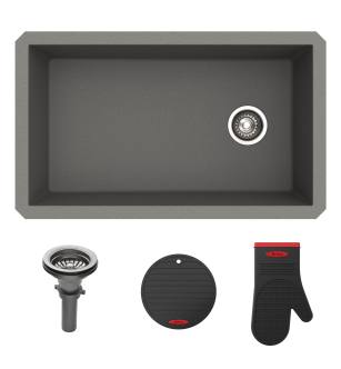 Kraus KGU-55GREY Forteza™ 31-3/4" Composite Granite Kitchen Sink For Undermount Installation - Strainer, Oven Mitt, And Trivet Included in Grey