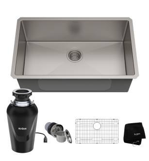 Kraus KHU100-30-100-75MB Standart Pro 30" Undermount Single Basin Stainless Steel Kitchen Sink With Basin Rack, Basket Strainer, Garbage Disposal, And Noisedefend Technology in Stainless Steel