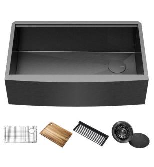 Kraus KWF210-33/PGM Kore 32-7/8" Farmhouse Single Basin Stainless Steel Kitchen Sink With Basin Rack, Basket Strainer, Cutting Board, Drying Mat, And Cover Cap in Gunmetal