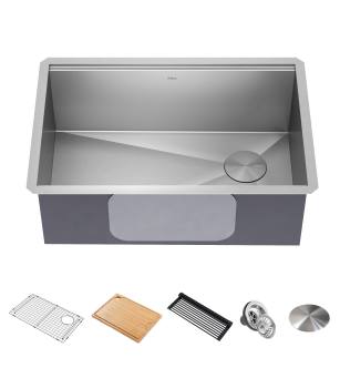 Kraus KWU110-28 Kore 28" Undermount Single Basin Stainless Steel Kitchen Sink With Basin Rack, Basket Strainer, Cutting Board, And Noisedefend Technology in Stainless Steel