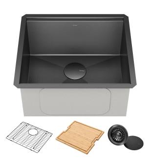 Kraus KWU1101-21-PGM Kore 21" Undermount Single Basin Stainless Steel Kitchen Sink With Basin Rack, Basket Strainer And Cutting Board in Gunmetal