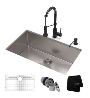 Kraus KHU100-32-1610-53MB Standart Pro 32" Undermount Single Basin Stainless Steel Kitchen Sink With Deck Mounted 1.8 (Gpm) Pre-Rinse Kitchen Faucet With Soap Dispenser in Matte Black