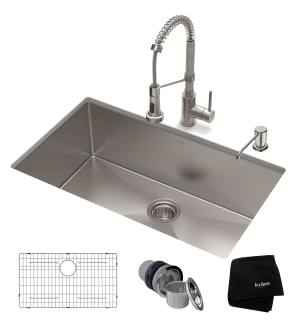 Kraus KHU100-32-1610-53SS Standart Pro 32" Undermount Single Basin Stainless Steel Kitchen Sink With Deck Mounted 1.8 (Gpm) Pre-Rinse Kitchen Faucet With Soap Dispenser in Stainless Steel