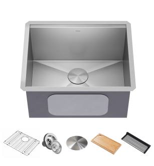 Kraus KWU100-23L Kore 23" Undermount Single Basin Stainless Steel Kitchen Sink With Basin Rack, Basket Strainer, Cutting Board, And Noisedefend Technology in Stainless Steel