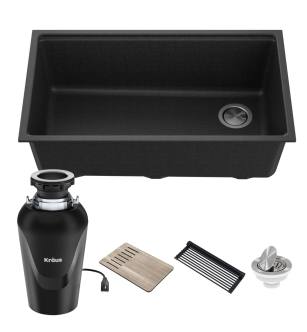 Kraus KGUW2-33MB-100-75MB Bellucci 32" Undermount Single Basin Granite Kitchen Sink With Basket Strainer, Cutting Board, And Garbage Disposal in Metallic Black