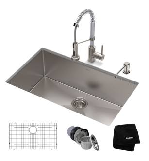 Kraus KHU100-30-1610-53SSCH Standart Pro 30" Undermount Single Basin Stainless Steel Kitchen Sink With Deck Mounted 1.8 (Gpm) Pre-Rinse Kitchen Faucet With Soap Dispenser in Stainless Steel / Chrome