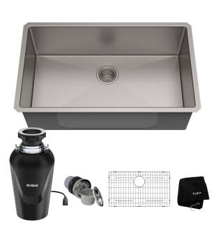 Kraus KHU100-32-100-75MB Standart Pro 32" Undermount Single Basin Stainless Steel Kitchen Sink With Basin Rack, Basket Strainer, Garbage Disposal, And Noisedefend Technology in Stainless Steel