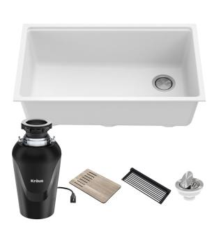 Kraus KGUW1-33WH-100-75MB Bellucci 32" Undermount Single Basin Granite Kitchen Sink With Basket Strainer, Cutting Board, And Garbage Disposal in White