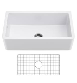 Kraus KFR1-33MWH Turino 33" Farmhouse Single Basin Fireclay Kitchen Sink With Basin Rack in White