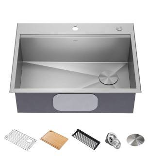 Kraus KWT310-28 Kore 28" Drop In Single Basin Stainless Steel Kitchen Sink With Basin Rack, Basket Strainer, Cutting Board, And Noisedefend Technology in Stainless Steel