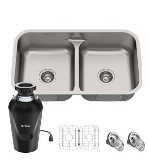Kraus KBU32-100-75MB Premier Kitchen 32-1/4" Undermount Double Basin Stainless Steel Kitchen Sink With Basin Rack, Basket Strainer, And Garbage Disposal in Stainless Steel