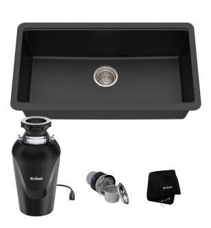 Kraus KGU-413B-100-75MB Quarza 30-1/2" Undermount Single Basin Granite Kitchen Sink With Basket Strainer And Garbage Disposal in Black Onyx