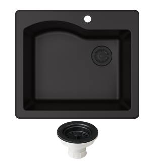 Kraus KGD-441BLACK-PST1-BL Quarza 25" Undermount Single Basin Granite Composite Kitchen Sink With Basket Strainer in Black