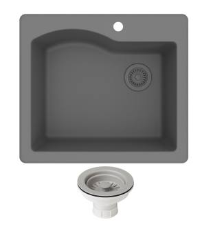 Kraus KGD-441GREY-PST1-GR Quarza 25" Undermount Single Basin Granite Composite Kitchen Sink With Basket Strainer in Grey
