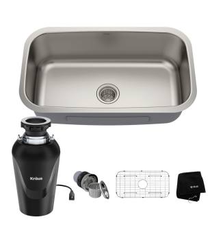 Kraus KBU14-100-75MB Premier Kitchen 31-1/2" Undermount Single Basin Stainless Steel Kitchen Sink With Basin Rack, Basket Strainer, And Garbage Disposal in Stainless Steel