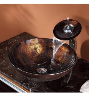 Kraus C-GV-684-12mm-10CH Bathroom Combo - 16-1/2" Pluto Glass Vessel Bathroom Sink With Vessel Faucet, Pop-Up Drain, And Mounting Ring in Chrome