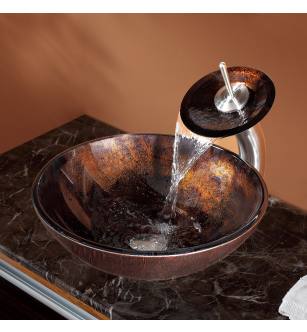 Kraus C-GV-684-12mm-10SN Bathroom Combo - 16-1/2" Pluto Glass Vessel Bathroom Sink With Vessel Faucet, Pop-Up Drain, And Mounting Ring in Satin Nickel