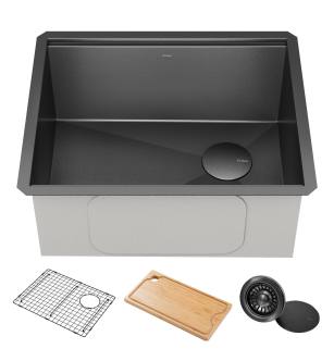 Kraus KWU1111-23-PGM Kore 23" Undermount Single Basin Stainless Steel Kitchen Sink With Basin Rack, Basket Strainer And Cutting Board in Gunmetal