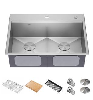 Kraus KWT302-30 Kore 30" Drop In Double Basin Stainless Steel Kitchen Sink With Basin Rack, Basket Strainer, Cutting Board, And Noisedefend Technology in Stainless Steel