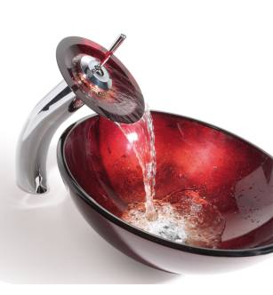 Kraus C-GV-200-12mm-10BC Bathroom Combo - 16-1/2" Irruption Red Glass Vessel Bathroom Sink With Vessel Faucet, Pop-Up Drain, And Mounting Ring in Brushed Chrome