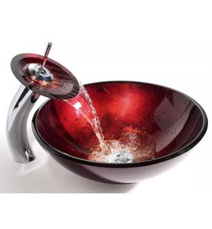 Kraus C-GV-200-12mm-10CH Bathroom Combo - 16-1/2" Irruption Red Glass Vessel Bathroom Sink With Vessel Faucet, Pop-Up Drain, And Mounting Ring in Chrome