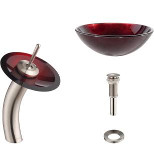 Kraus C-GV-200-12mm-10SN Bathroom Combo - 16-1/2" Irruption Red Glass Vessel Bathroom Sink With Vessel Faucet, Pop-Up Drain, And Mounting Ring in Satin Nickel