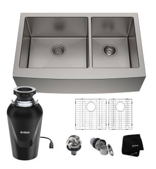 Kraus KHF203-36-100-75MB Standart Pro 35-7/8" Farmhouse Double Basin Stainless Steel Kitchen Sink With Basin Rack, Basket Strainer, And Garbage Disposal in Stainless Steel