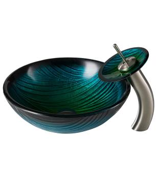 Kraus C-GV-391-19mm-10SN Bathroom Combo - 17" Nei Glass Vessel Bathroom Sink With Vessel Faucet, Pop-Up Drain And Mounting Ring in Satin Nickel