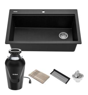 Kraus KGTW2-33MB-100-75MB Bellucci 33" Drop In Single Basin Granite Kitchen Sink With Basket Strainer, Cutting Board, And Garbage Disposal in Metallic Black