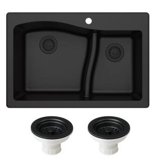 Kraus KGD-442BLACK-PST1-BL Quarza 33" Undermount Double Basin Granite Composite Kitchen Sink With Basket Strainer in Black