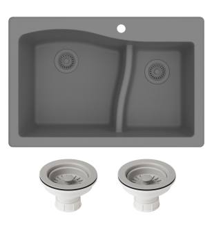 Kraus KGD-442GREY-PST1-GR Quarza 33" Undermount Double Basin Granite Composite Kitchen Sink With Basket Strainer in Grey