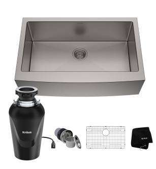 Kraus KHF200-33-100-75MB Standart Pro 32-7/8" Farmhouse Single Basin Stainless Steel Kitchen Sink With Basin Rack, Basket Strainer, And Garbage Disposal in Stainless Steel