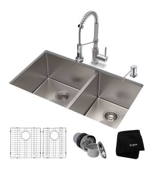 Kraus KHU103-33-1610-53CH Standart Pro 33" Undermount Double Basin Stainless Steel Kitchen Sink With Deck Mounted 1.8 (Gpm) Pre-Rinse Kitchen Faucet With Soap Dispenser in Chrome