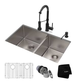 Kraus KHU103-33-1610-53MB Standart Pro 33" Undermount Double Basin Stainless Steel Kitchen Sink With Deck Mounted 1.8 (Gpm) Pre-Rinse Kitchen Faucet With Soap Dispenser in Matte Black