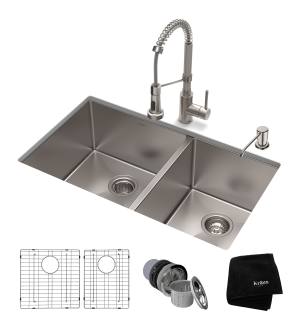 Kraus KHU103-33-1610-53SS Standart Pro 33" Undermount Double Basin Stainless Steel Kitchen Sink With Deck Mounted 1.8 (Gpm) Pre-Rinse Kitchen Faucet With Soap Dispenser in Stainless Steel