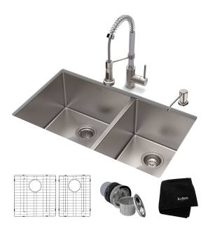 Kraus KHU103-33-1610-53SSCH Standart Pro 33" Undermount Double Basin Stainless Steel Kitchen Sink With Deck Mounted 1.8 (Gpm) Pre-Rinse Kitchen Faucet With Soap Dispenser in Stainless Steel / Chrome