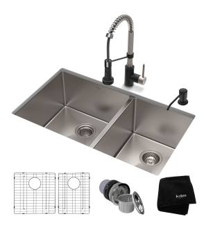 Kraus KHU103-33-1610-53SSMB Standart Pro 33" Undermount Double Basin Stainless Steel Kitchen Sink With Deck Mounted 1.8 (Gpm) Pre-Rinse Kitchen Faucet With Soap Dispenser in Stainless Steel / Matte Black