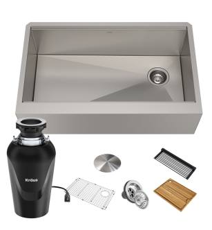 Kraus KWF410-33-100-75MB Kore 32-7/8" Farmhouse Single Basin Stainless Steel Kitchen Sink With Basin Rack, Basket Strainer, Cutting Board, And Garbage Disposal in Stainless Steel