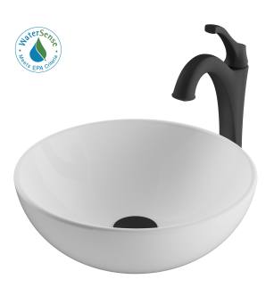Kraus C-KCV-341-1200MB Elavo And Arlo 13-11/16" Vitreous China Vessel Bathroom Sink With 1.2 Gpm Deck Mounted Bathroom Faucet in Matte Black