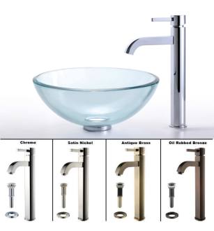 Kraus C-GV-101-14-12mm-1007AB Bathroom Combo - 14" Clear Glass Vessel Bathroom Sink With Vessel Faucet, Pop-Up Drain, And Mounting Ring in Antique Brass