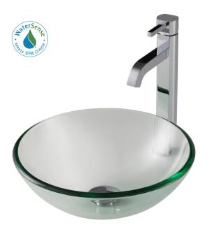 Kraus C-GV-101-14-12mm-1007CH Bathroom Combo - 14" Clear Glass Vessel Bathroom Sink With Vessel Faucet, Pop-Up Drain, And Mounting Ring in Chrome